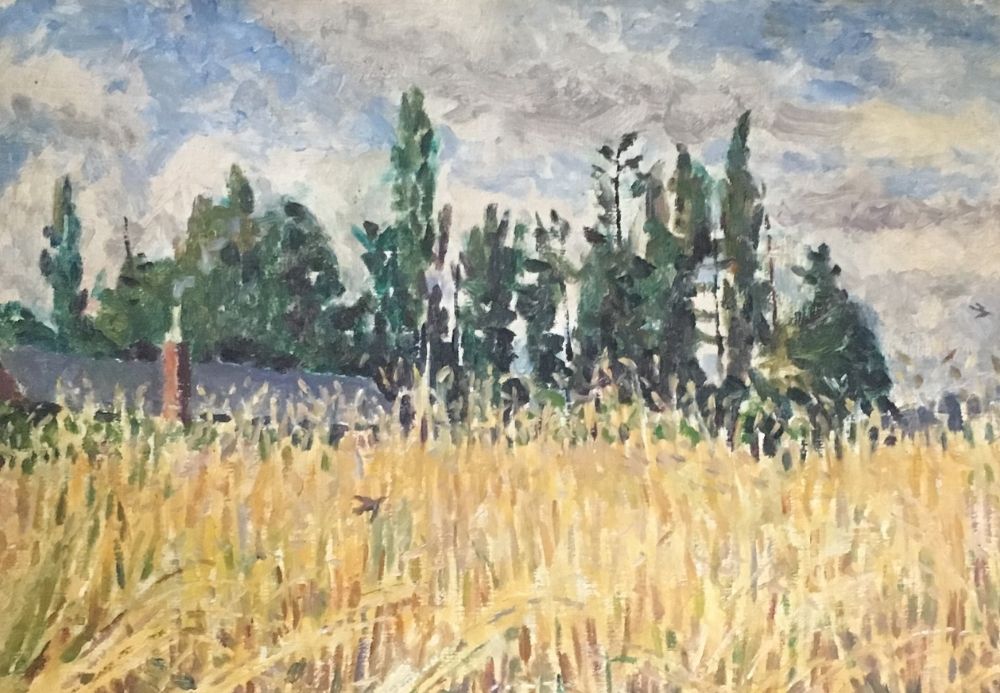 A painting of a wheat field on a sunny day