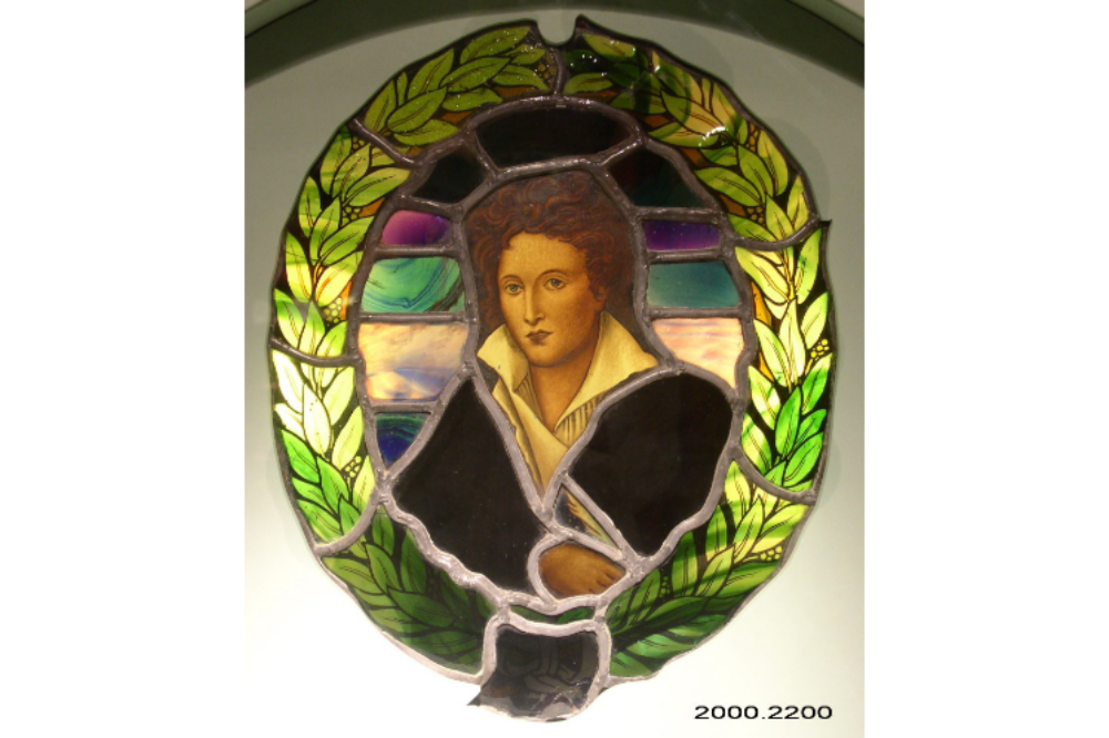 A coloured glass portrait of Shelley