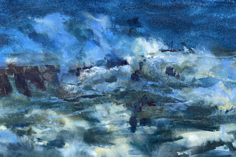 Watercolour painting of a stormy sea and a pier