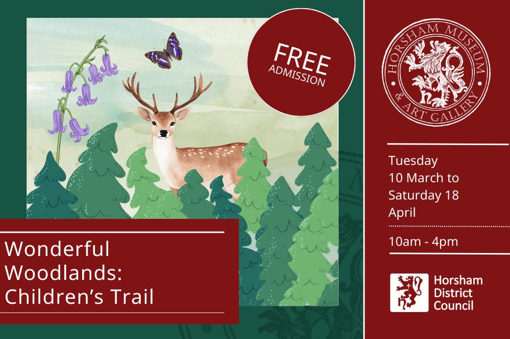 Promotional graphic for Wonderful Woodlands Children's Trail, running Tuesday 10 March to Saturday 18 April. Cartoon of deer with bluebell and butterfly against forest background. 