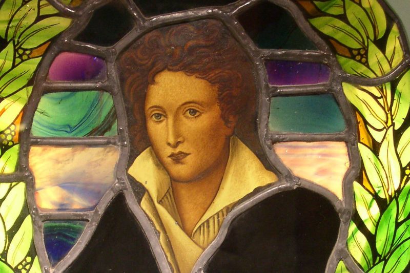 Stained glass showing the image of the poet Shelley