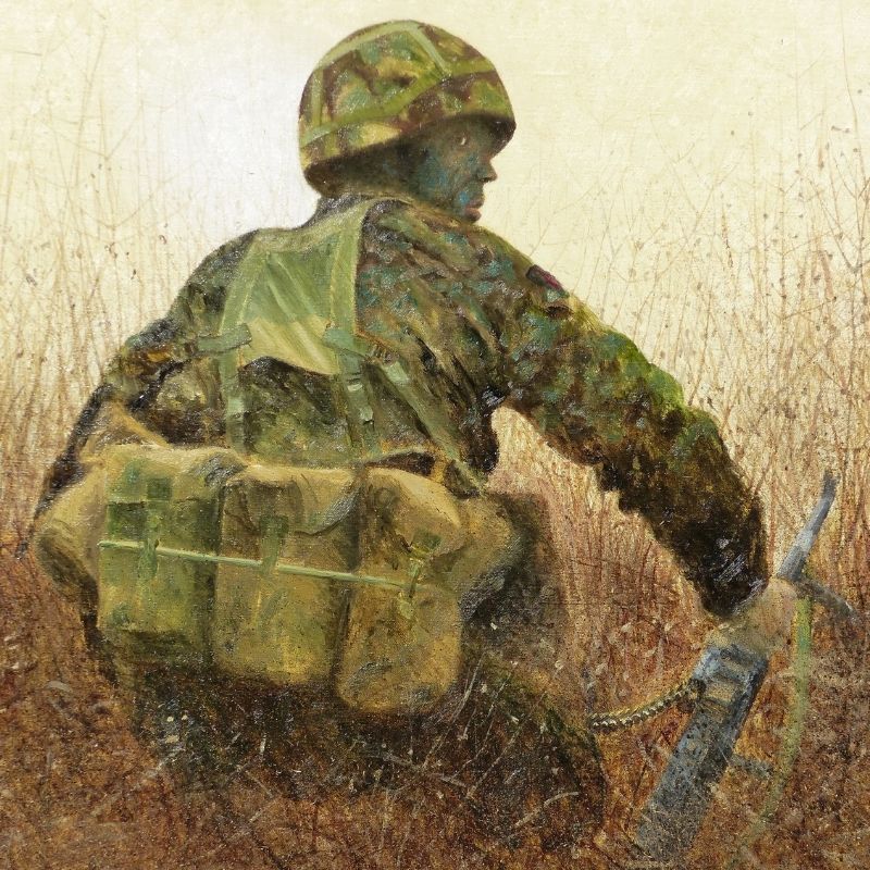 A painting of a soldier amongst undergrowth by war artist Gordon Rushmer