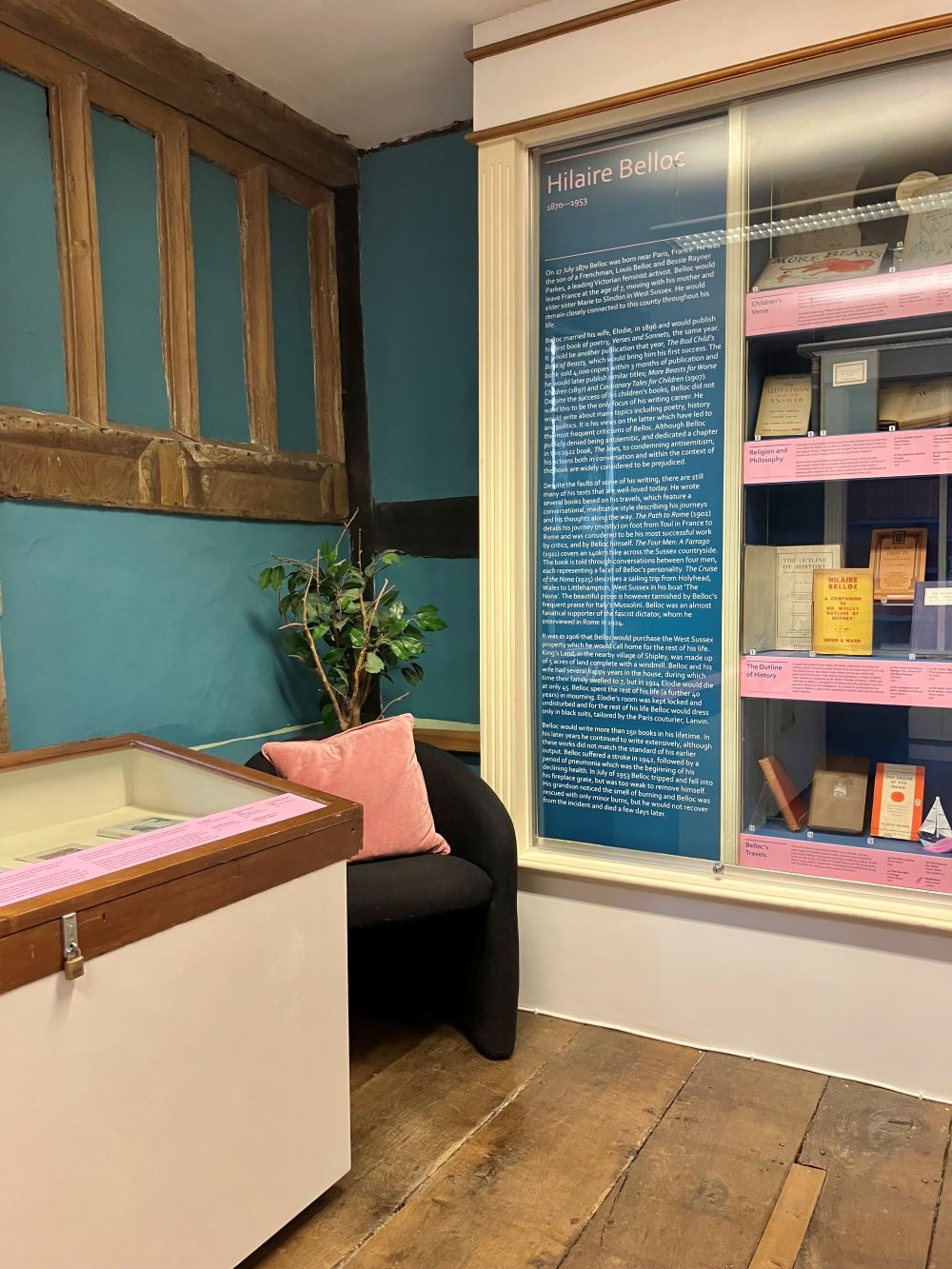 Corner of new Reading Room in Horsham Museum. Armchair, plant and bookcase visible.