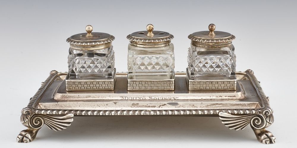 A Georgian silver and glass ink set that was given as a prize in 1804.